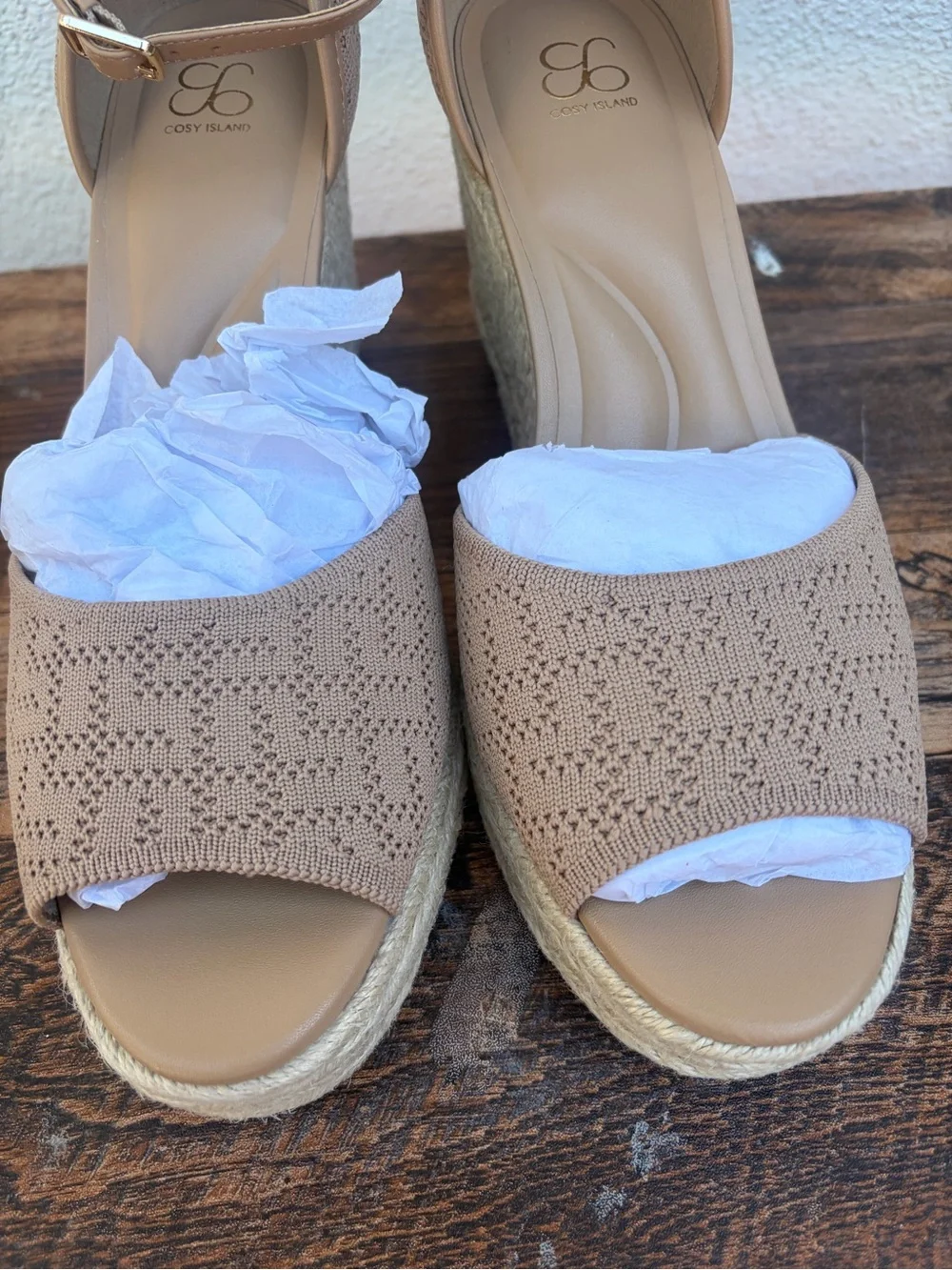NWT and Box Womens Tan Espadrille Wedge Sandals with Ankle Strap